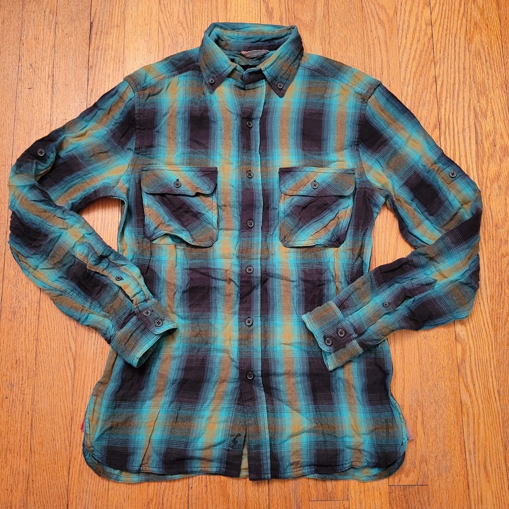 Standard Cloth XS Button Down Green Plaid Roll Tab Sleeve Flannel Rustic Cozy